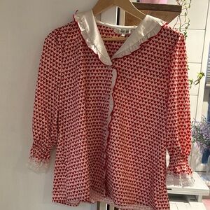 Red Heart Pattern Blouse with Ruffled Collar